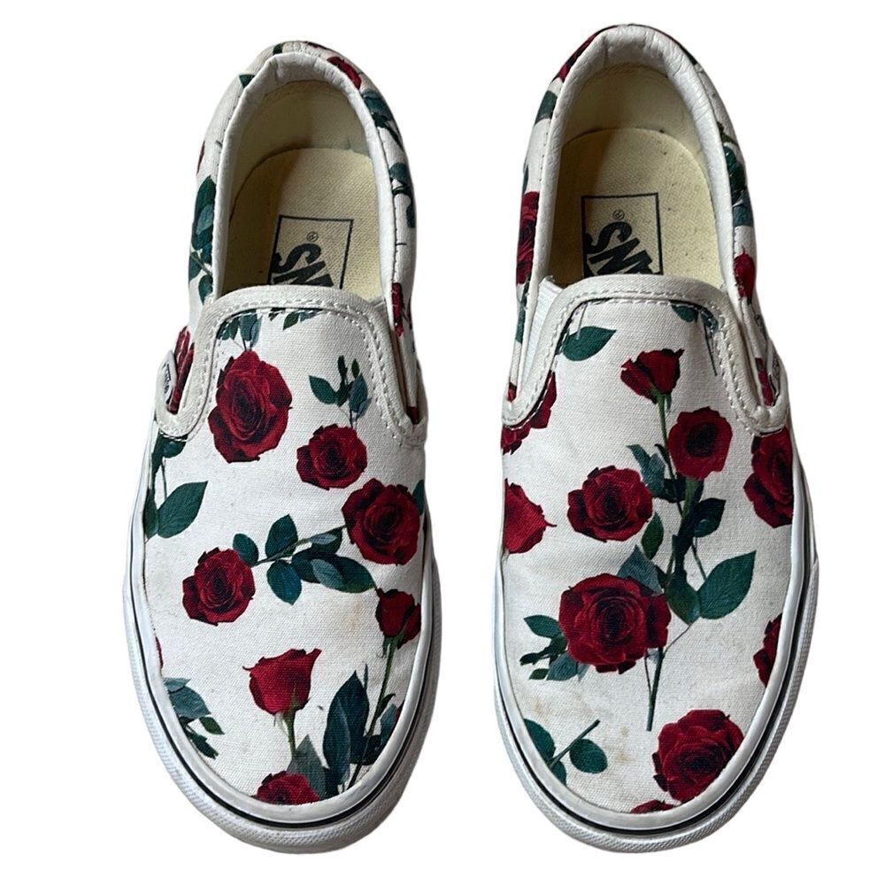 Vans Floral Red and White Slip-On Sneakers